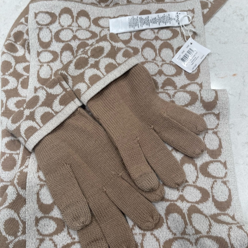 COACH brand reversible scarf and matching gloves set in Tan and White